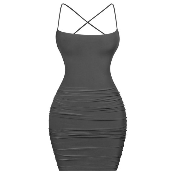 Tresser Square Neck Strappy Tie Back Ruched Mini Dress Black Size Small NWT - Picture 1 of 2